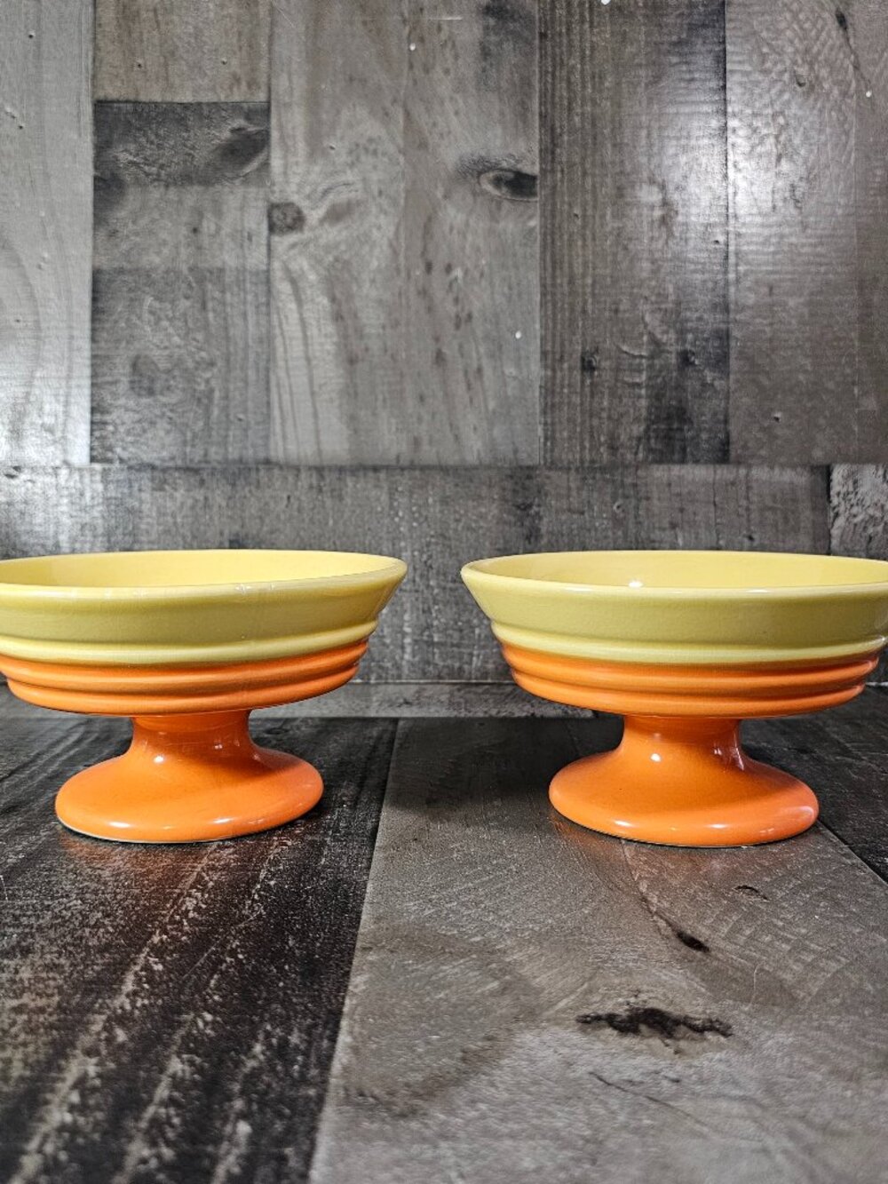 2 Trisa Stoneware Yellow & Orange Sherbet Ice Cream Pedestal Bowls on Stand Pair